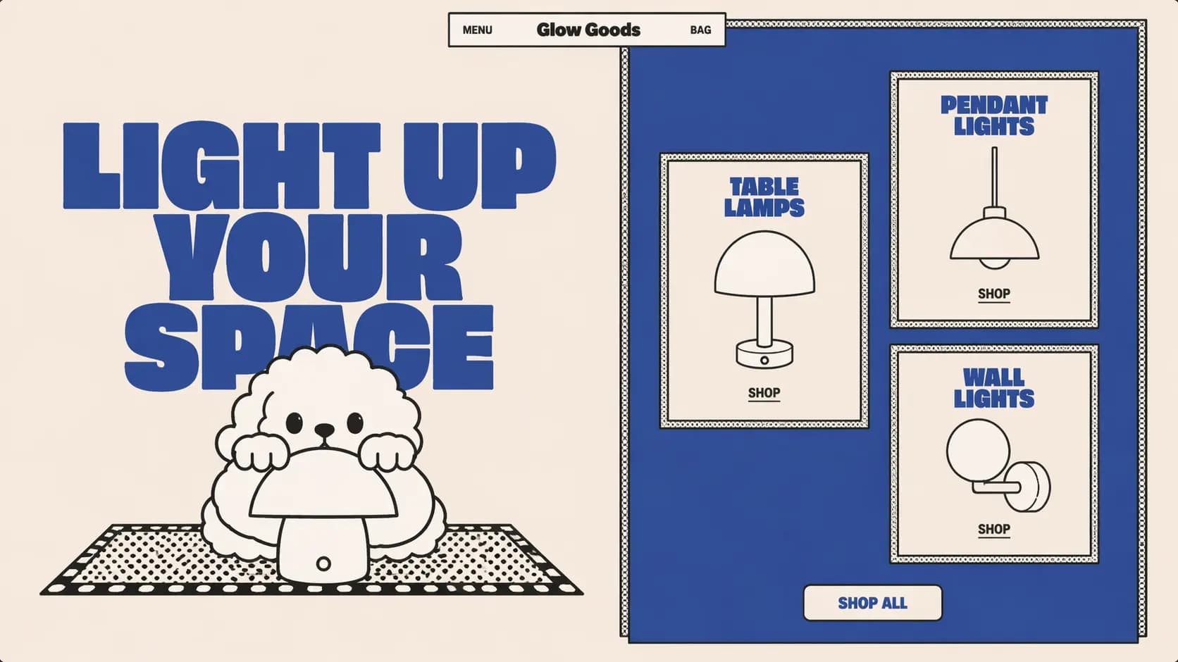 Lighting storefront with illustrated lamps and bold blue typography