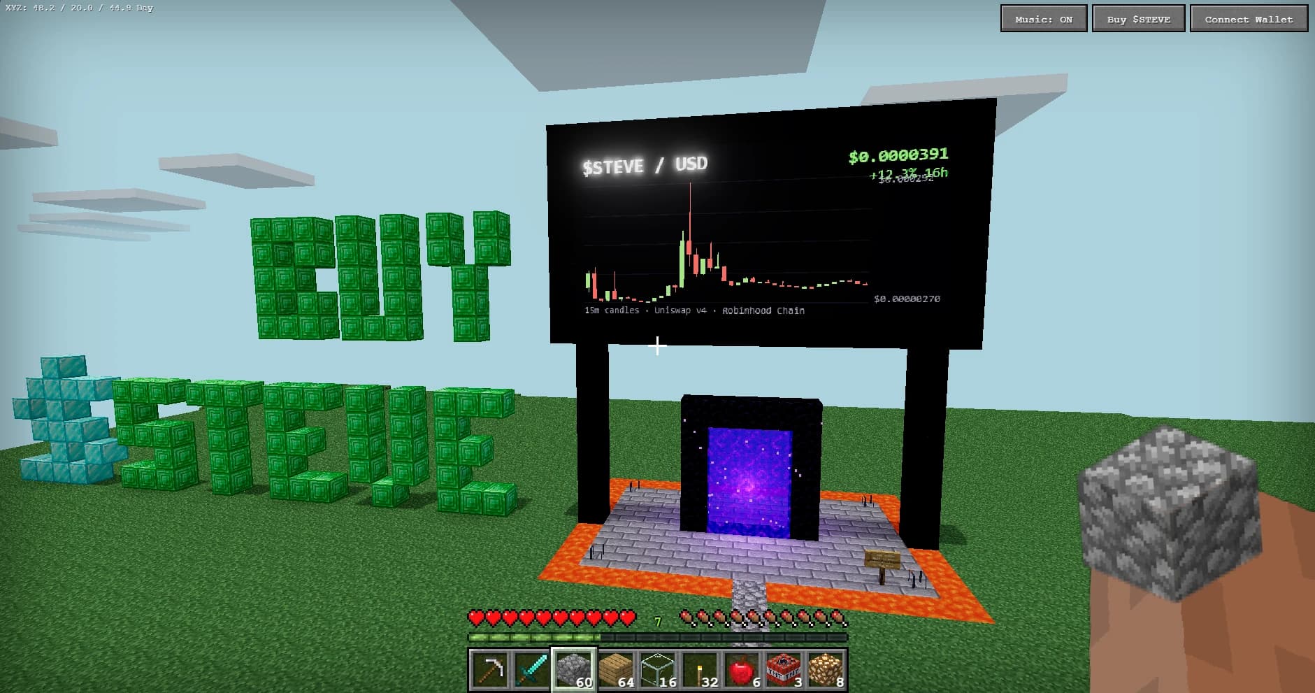 Minecraft-inspired browser experience with block landscapes, a portal, and a live market board